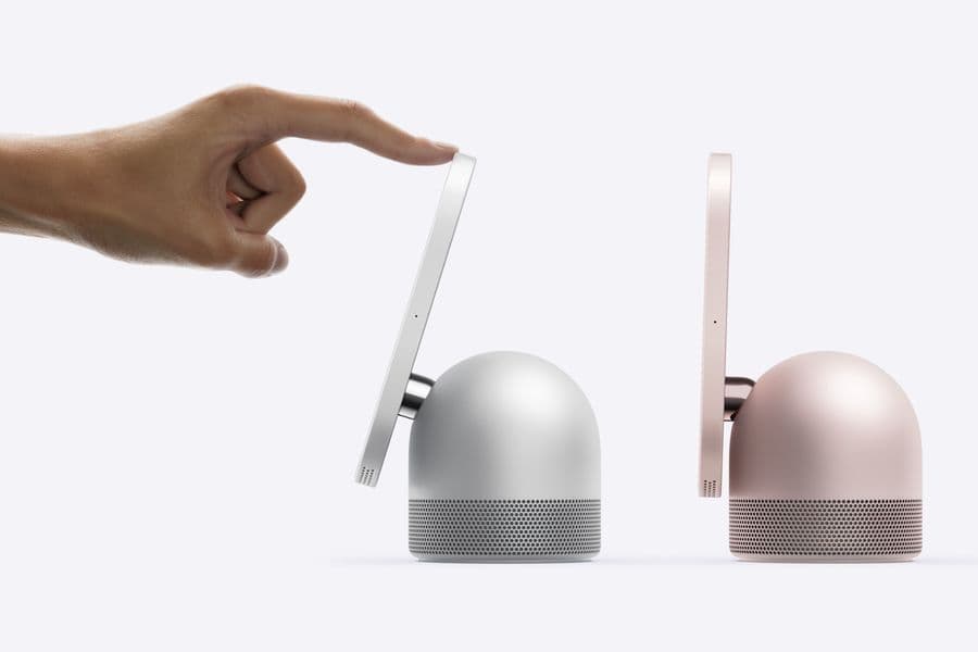 HomeView's display tilts on a stainless steel hinge above the speaker base. Reviewers confirmed the tilt is manual only. Image: Apple Newsroom.
