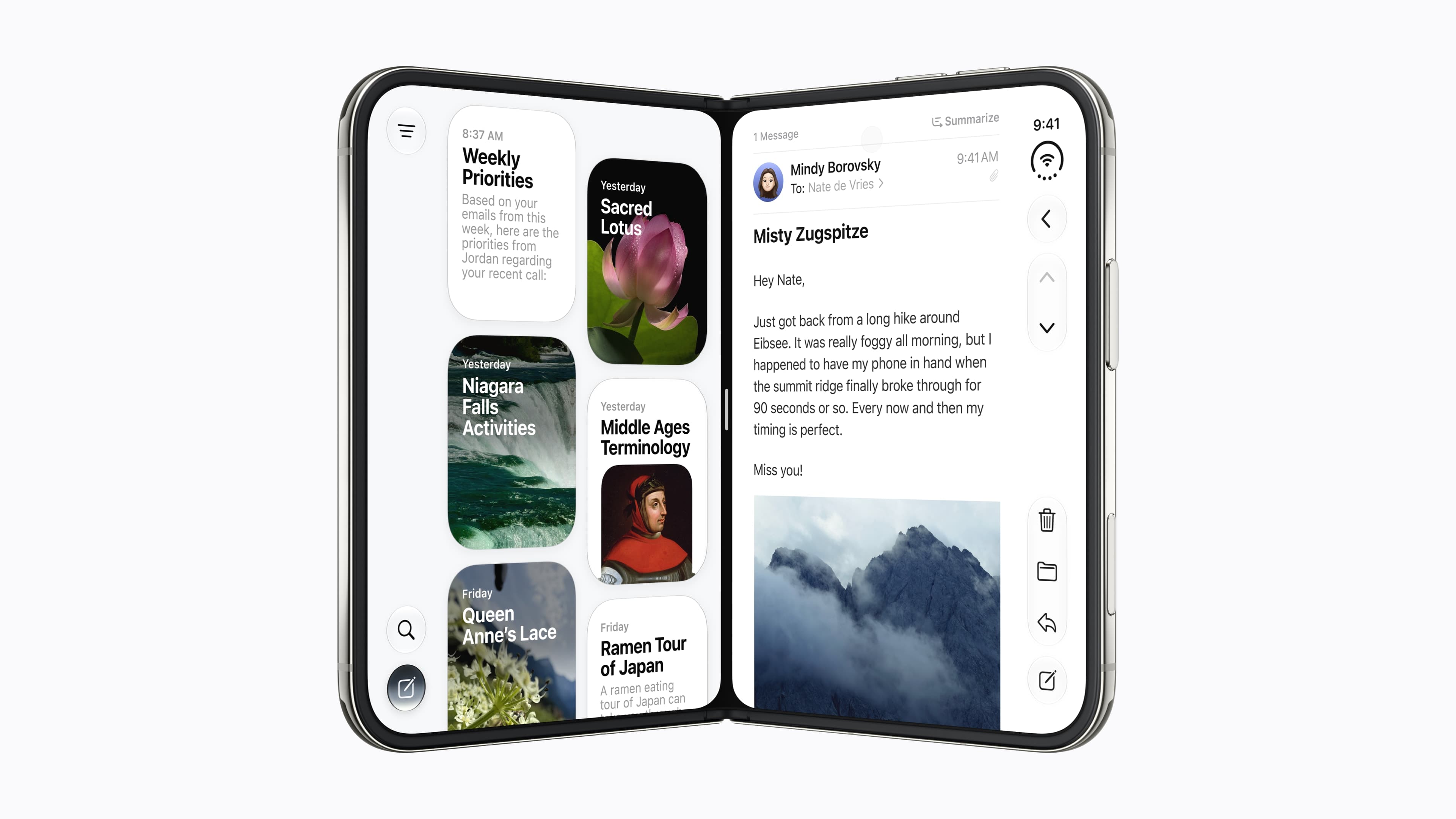 Split View on the inner display, with Siri on one side and Mail on the other. Each app keeps its controls on its own outer edge. Image: Apple Newsroom.
