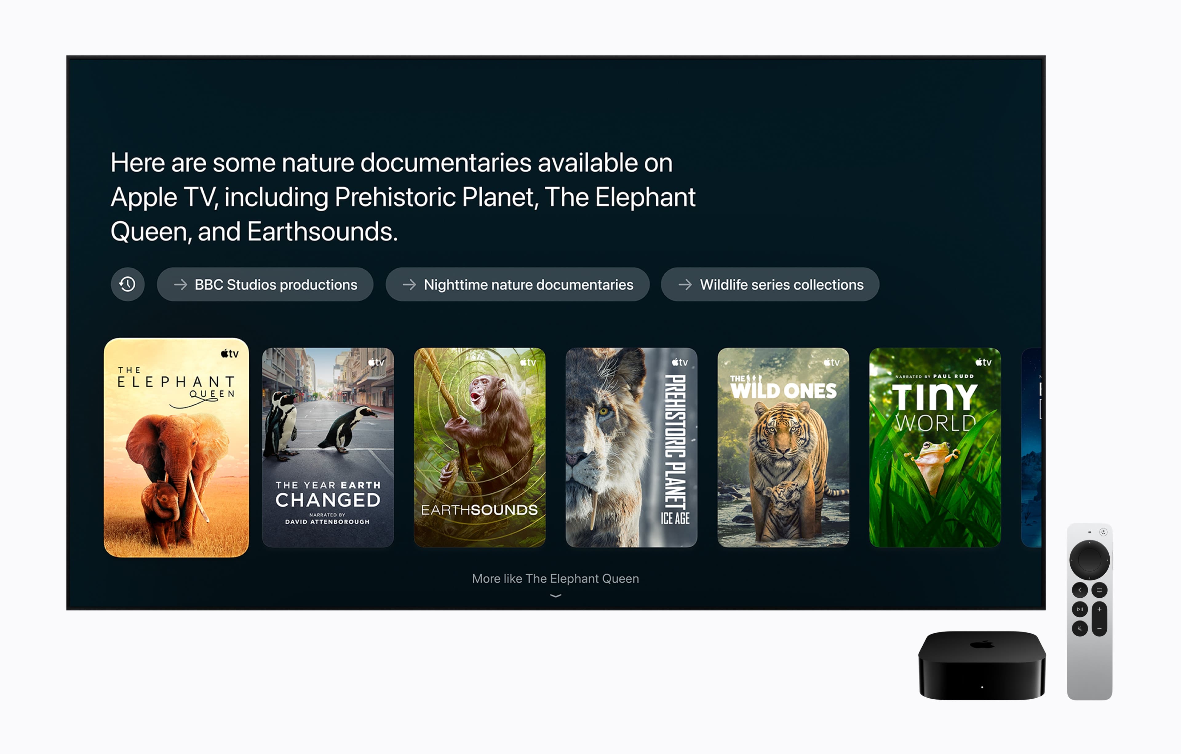 Siri AI answers a request for nature documentaries with a written reply, suggested follow-ups and a row of results from the Apple TV app. On Apple TV, Siri shows its answers rather than speaking them. Image: Apple Newsroom.