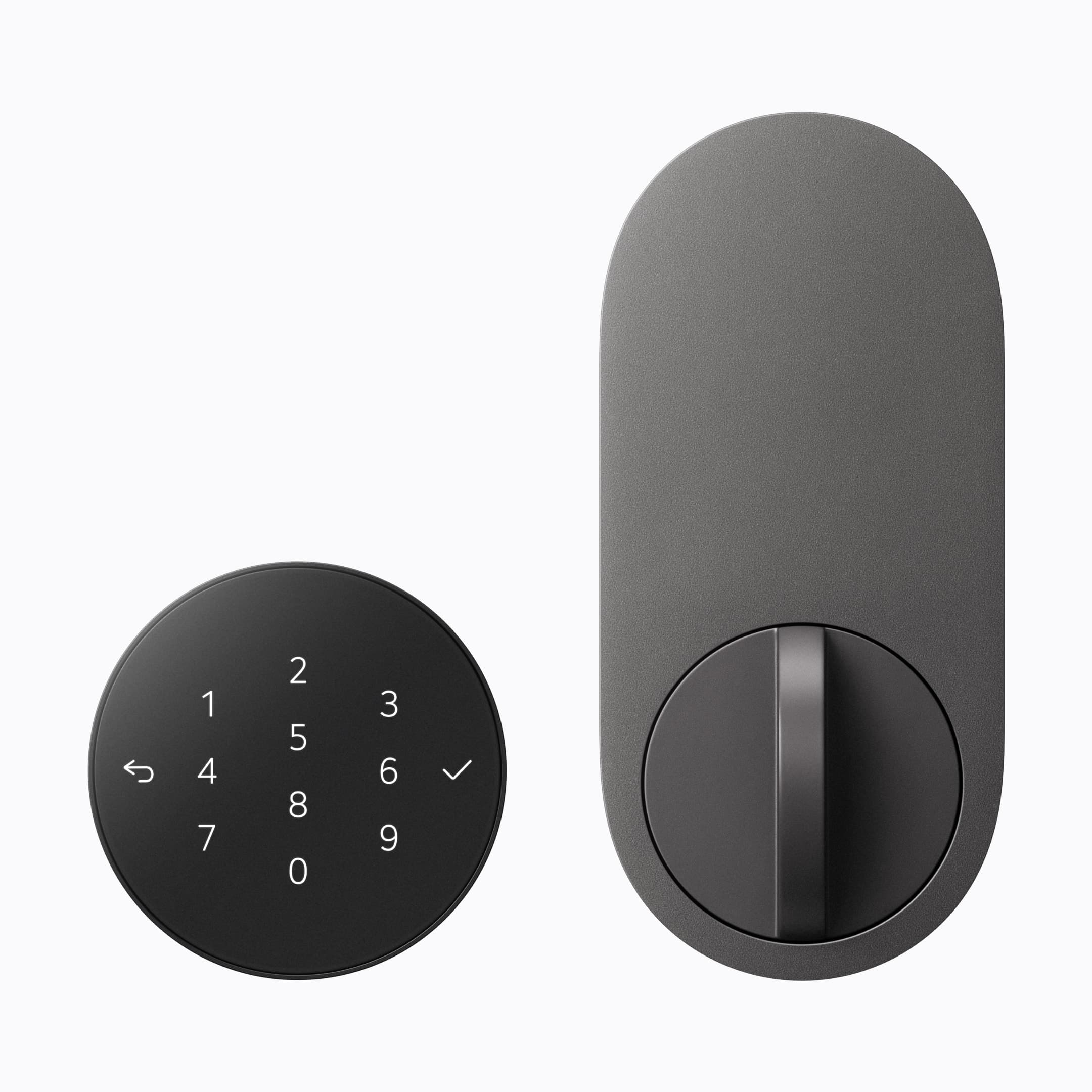 The LG Smart Deadbolt Lock in Essence Graphite: the round PIN pad that sits outside, and the inside unit with its manual thumbturn. Image: Apple Newsroom.