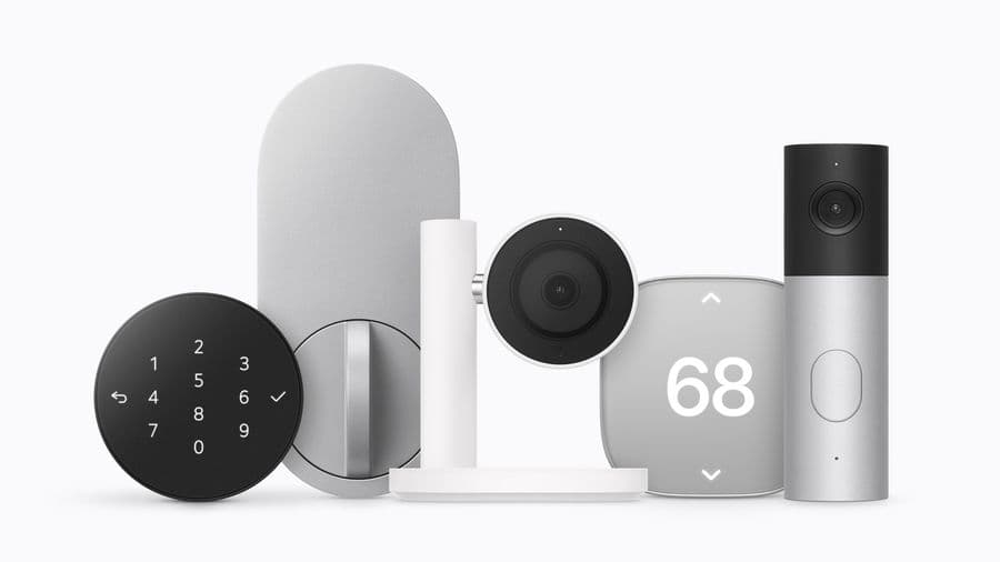 Part of the range: the LG lock's keypad and inside unit, the Indoor Cam on its stand, a thermostat and the Video Doorbell. They share one plain, rounded design rather than each brand's own look. Image: Apple Newsroom.