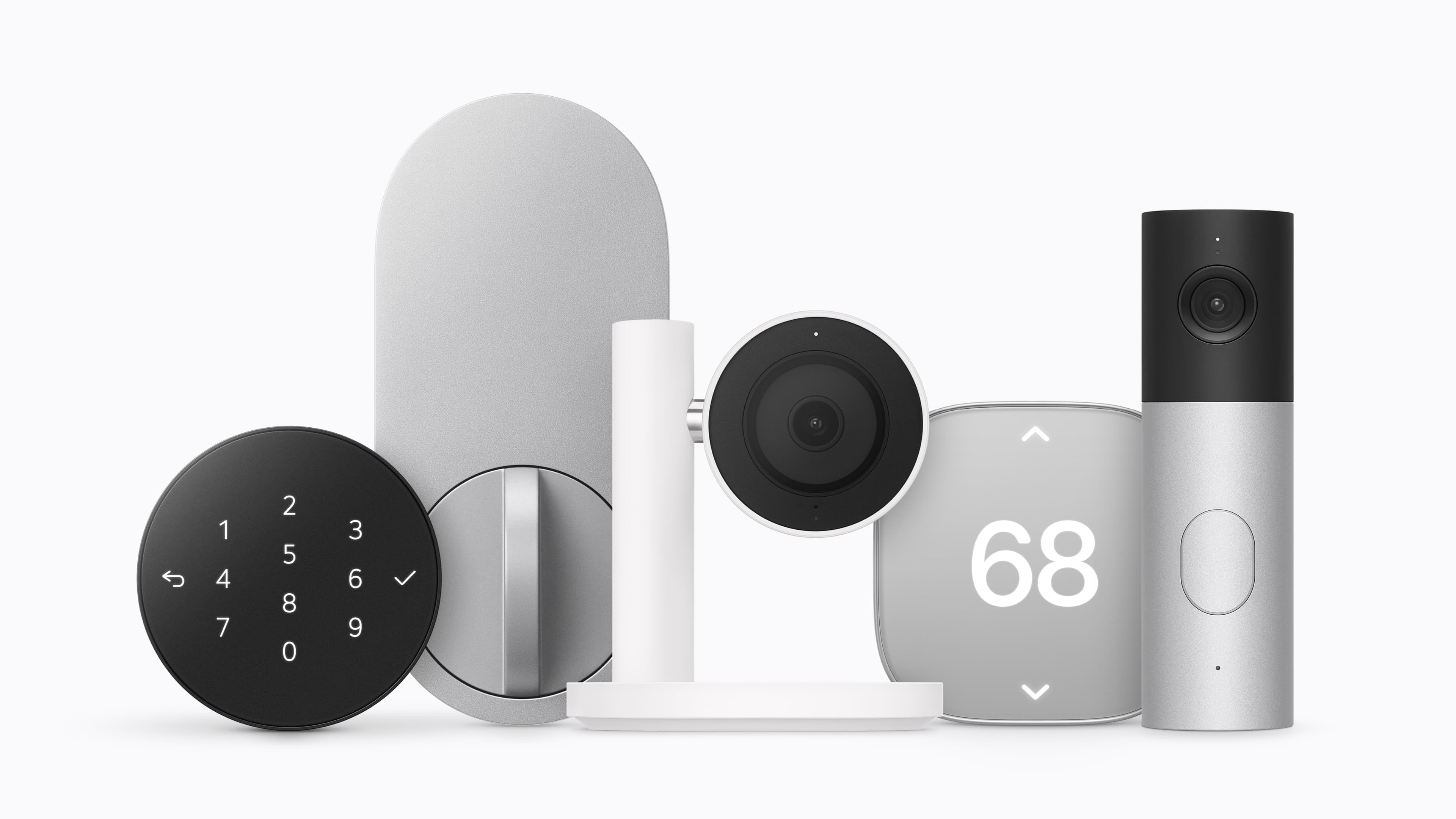 Part of the range: the LG lock's keypad and inside unit, the Indoor Cam on its stand, a thermostat and the Video Doorbell. They share one plain, rounded design rather than each brand's own look. Image: Apple Newsroom.