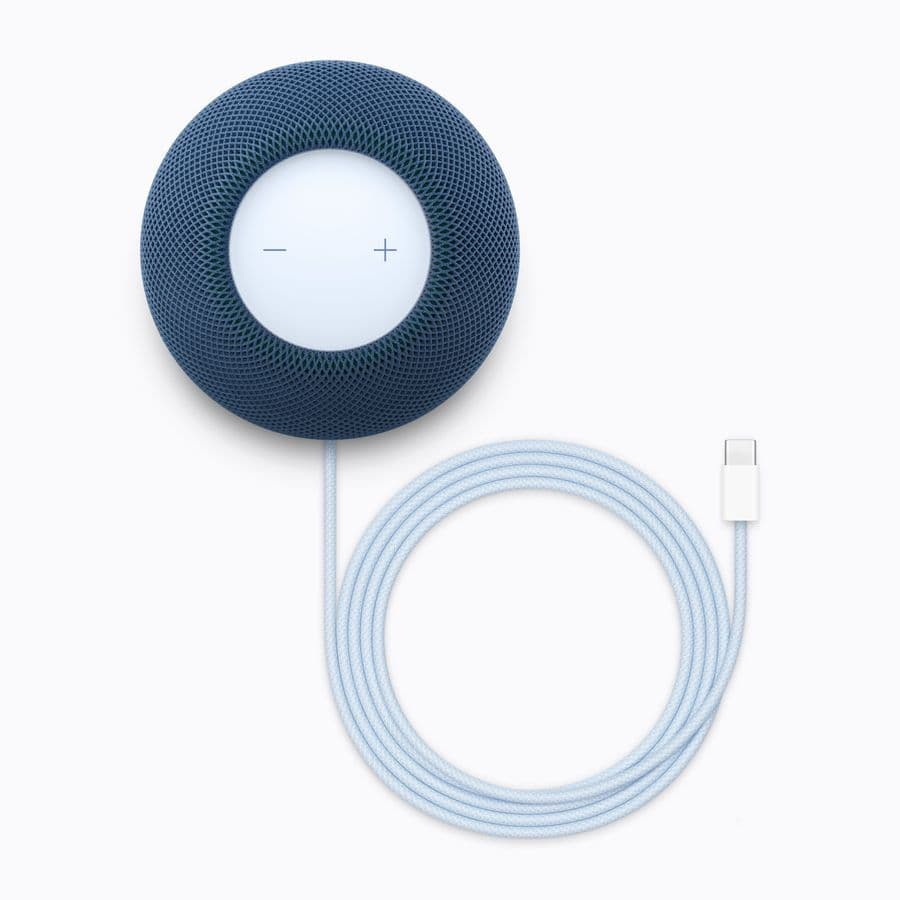 The HomePod mini 2 in blue, with the colour-matched cable. It keeps the original mini's size and shape. Image: Apple Newsroom.