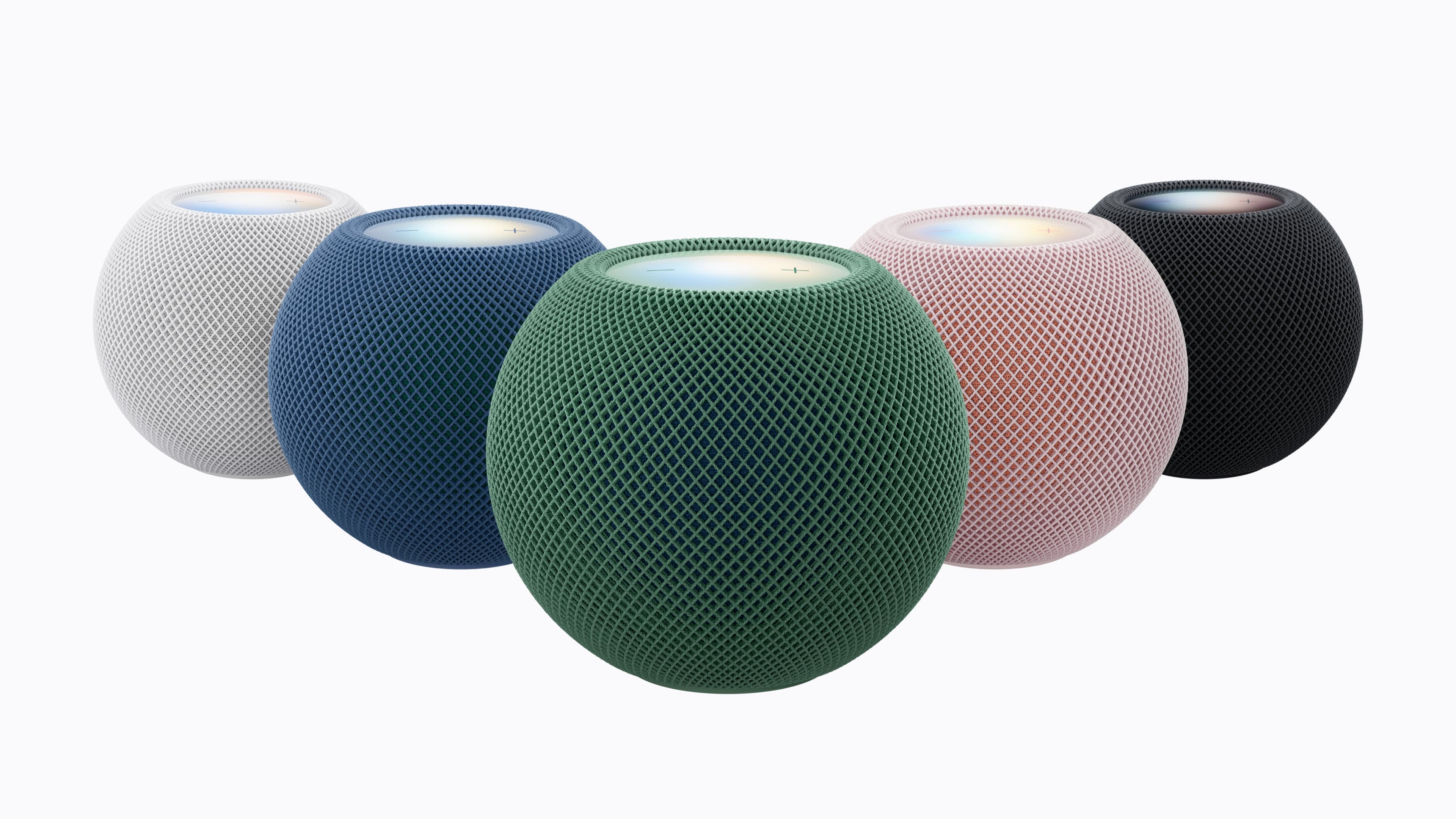 The five HomePod mini 2 finishes: white, blue, green, pink and midnight. The shape and the mesh are unchanged from the 2020 model. Image: Apple Newsroom.