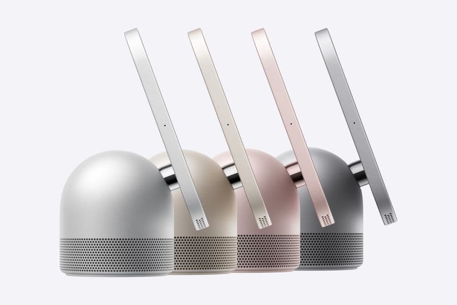The tabletop HomeView in silver, starlight, rose pink and space grey. The screen sits on a hinge above the speaker base, so it tilts rather than standing upright. Image: Apple Newsroom.
