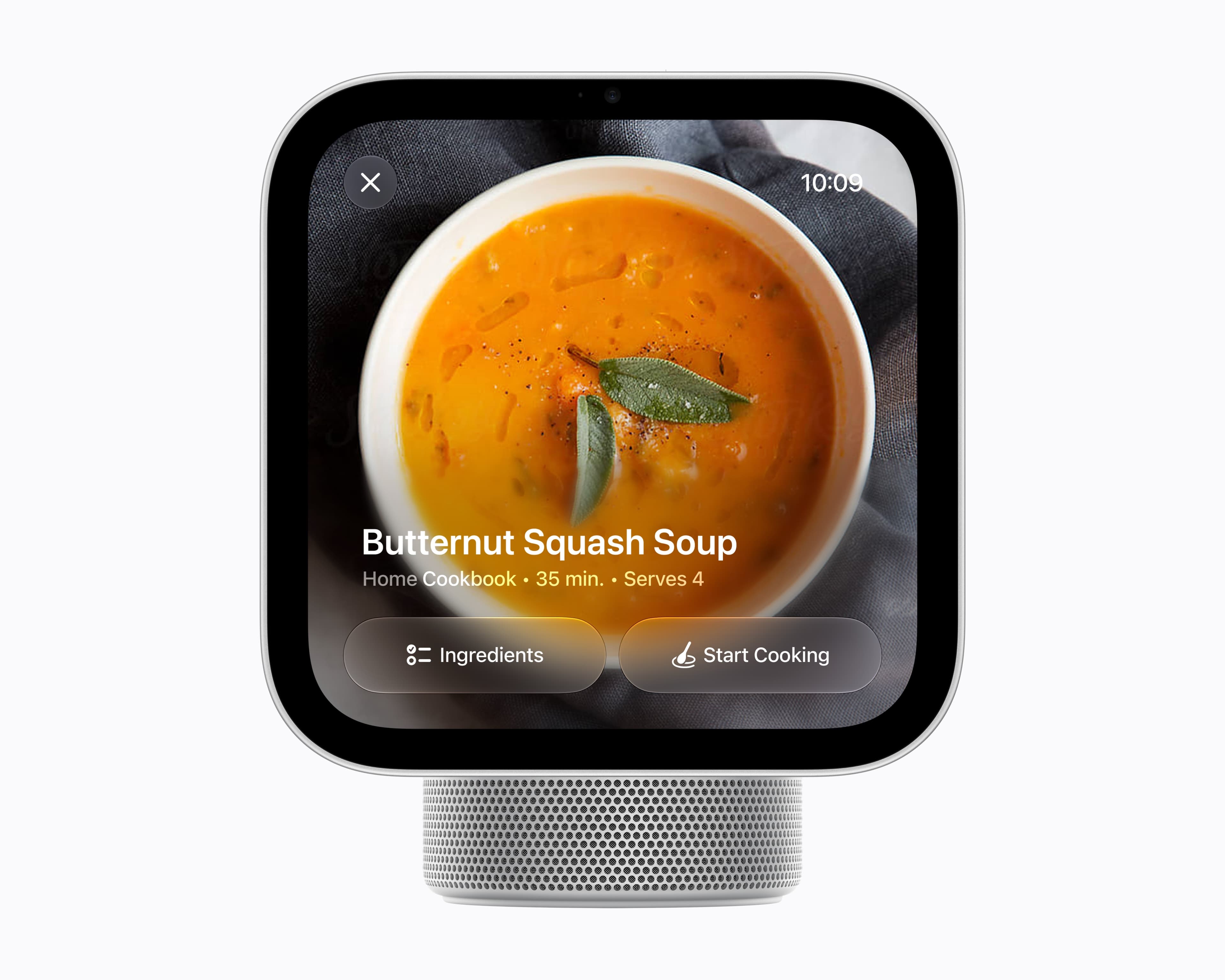 Apple's own picture of the recipe card: the dish, a source name, the time and the servings, with Ingredients and Start Cooking buttons and none of the page around it. Image: Apple Newsroom.