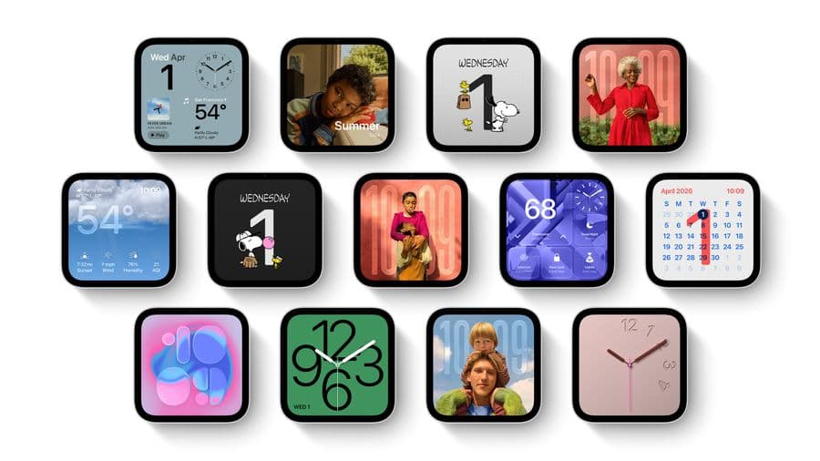 A selection of HomeView faces: clocks, weather, a calendar, Snoopy, portrait photos and the Flow artwork. Image: Apple Newsroom.