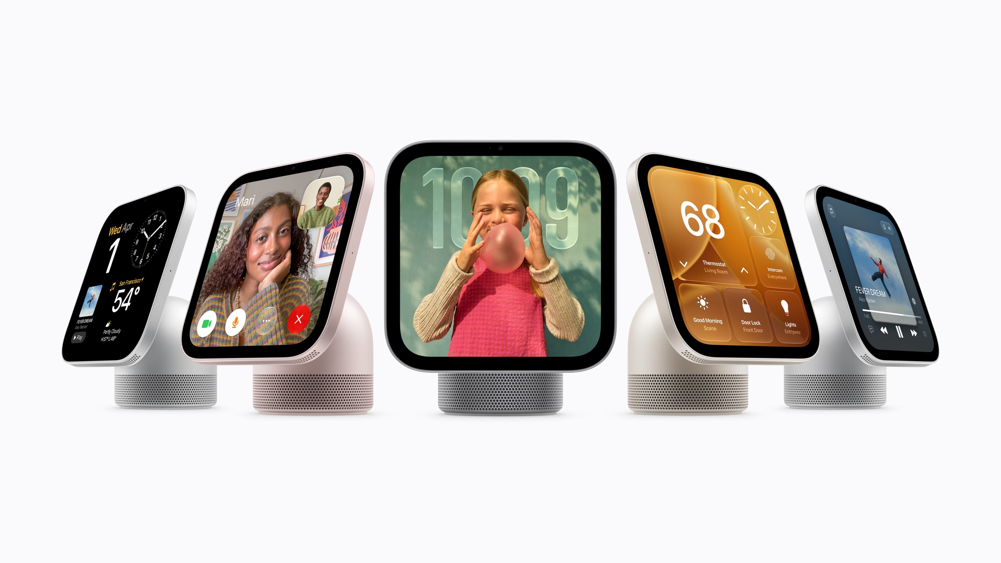 The tabletop HomeView Apple announced on 13 October: a 7-inch screen on a hinge that tilts, but does not turn on its own. Image: Apple Newsroom.