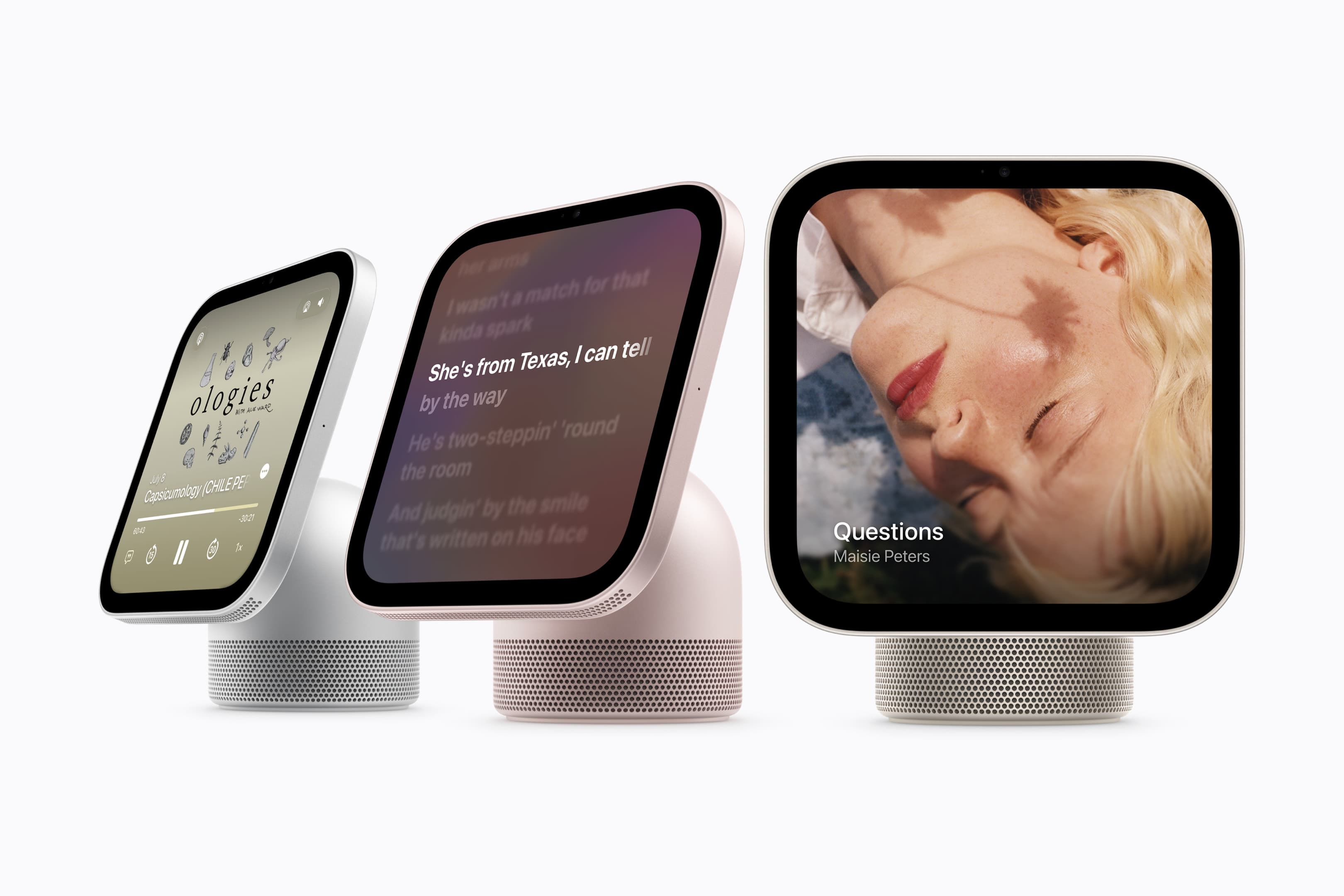 HomeView playing Apple Podcasts, Apple Music lyrics and album art. Third-party audio apps come from a paired iPhone. Image: Apple Newsroom.