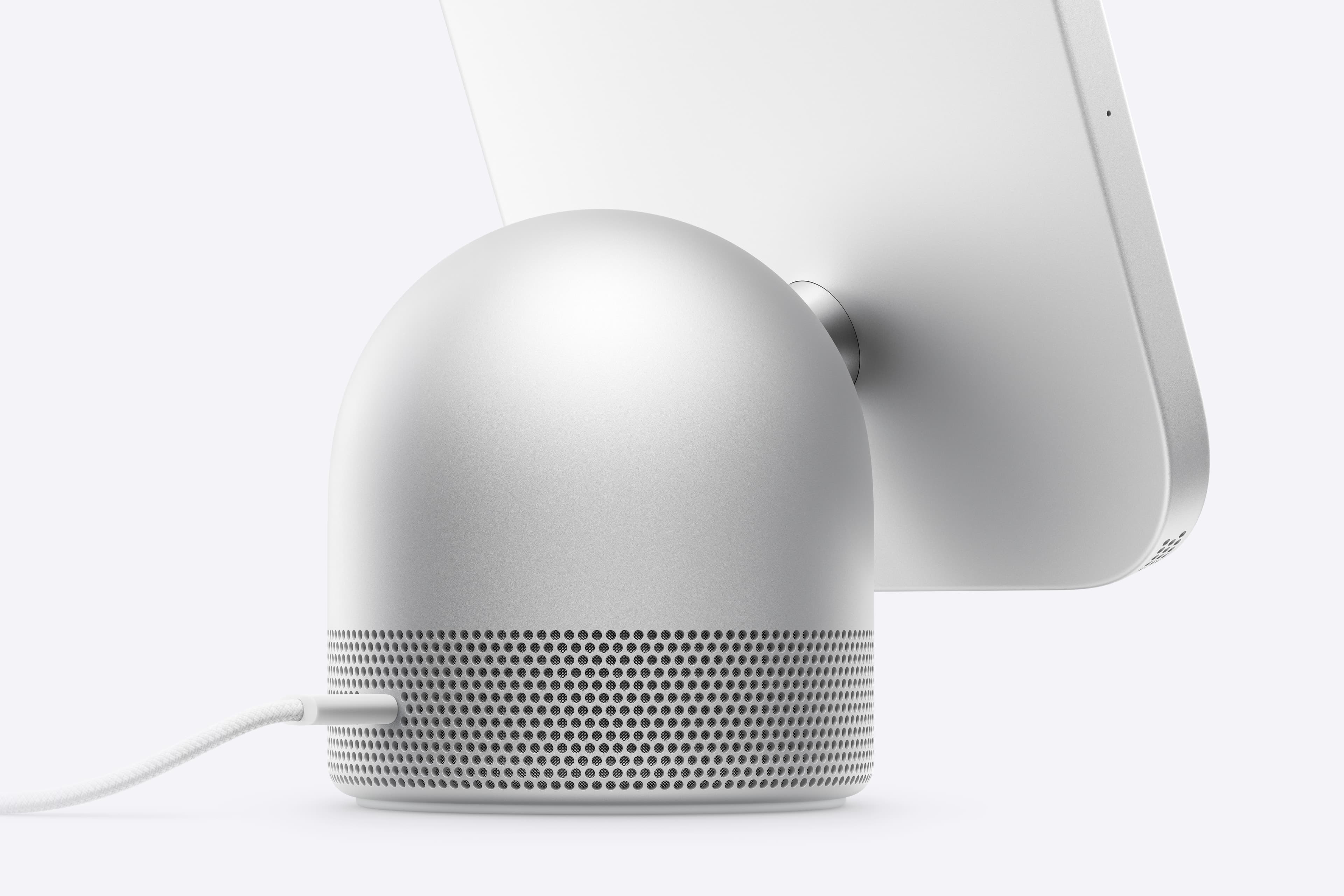 The tabletop HomeView's speaker base, with its USB-C power cable. The wall model has no base and no adapter in the box. Image: Apple Newsroom.