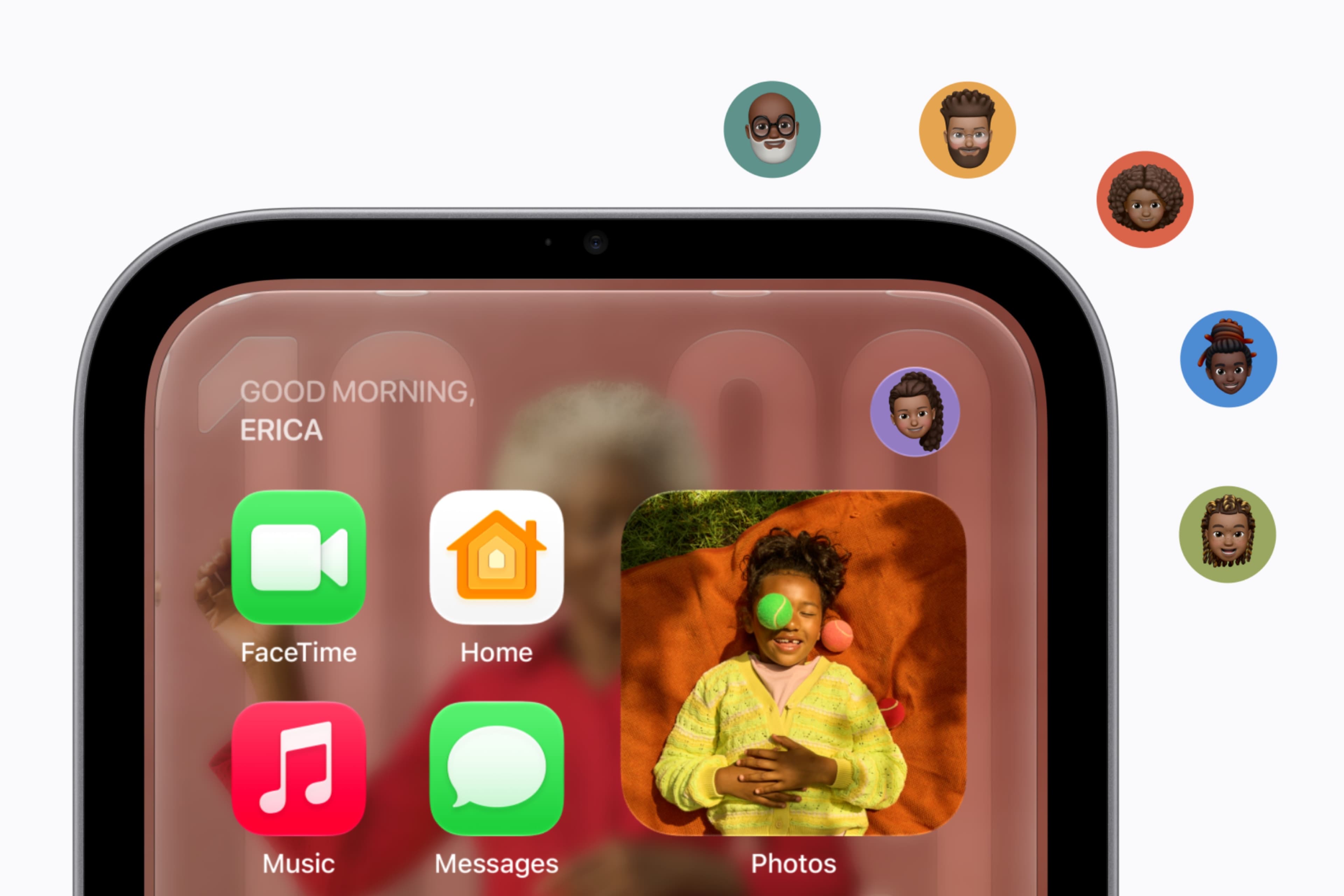 HomeView greeting a recognised member of the household, with each person's profile shown around the screen. Image: Apple Newsroom.