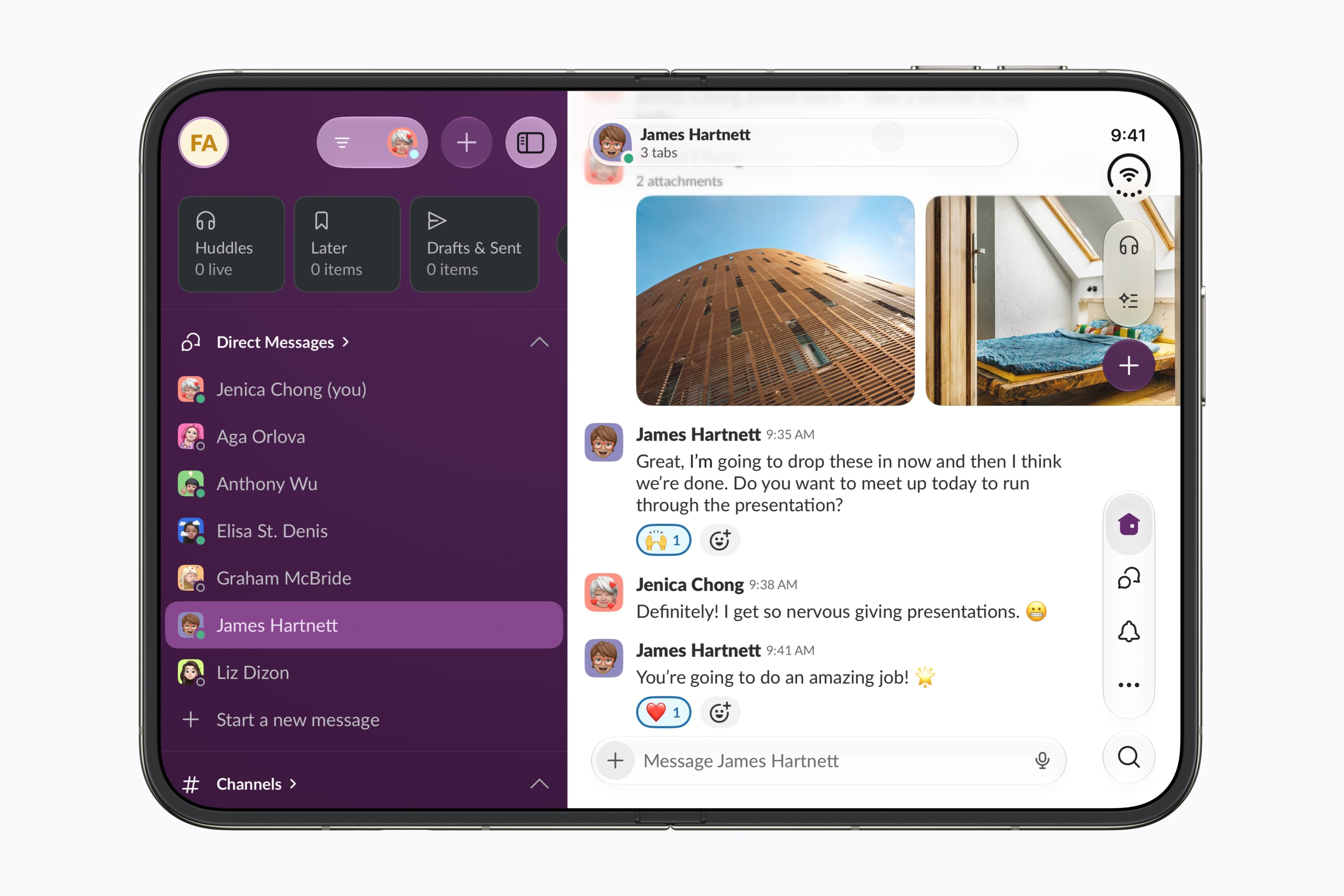 Slack is one of the apps Apple showed already using the Duo's folding design. The Verge watched it update during the review week. Image: Apple Newsroom.