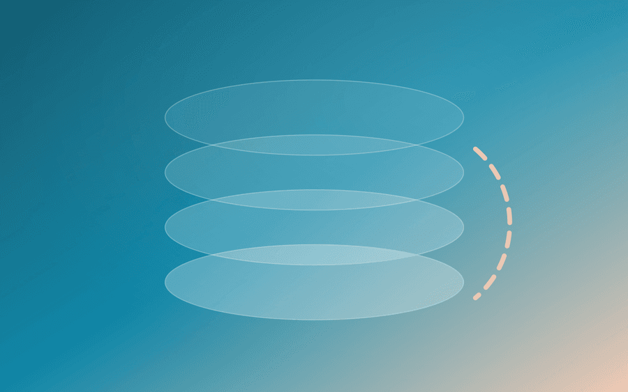 Abstract cover art: stacked discs joined by a dashed sync arc