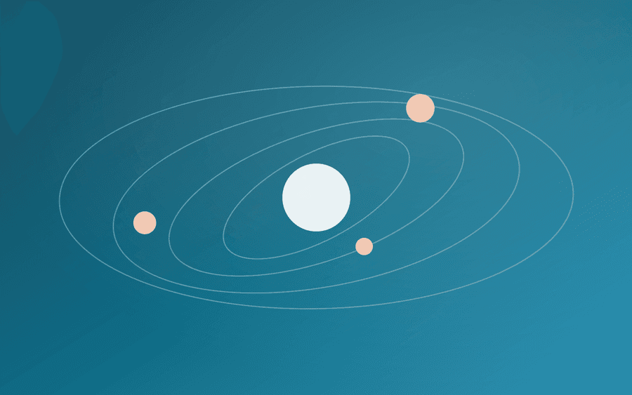 Abstract cover art: small bodies orbiting a bright core