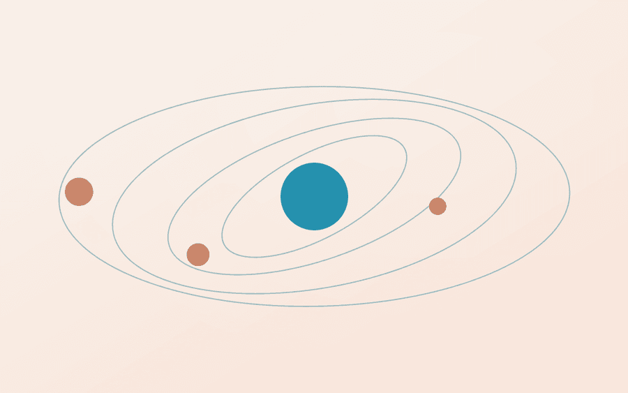 Abstract cover art: small bodies orbiting a bright core