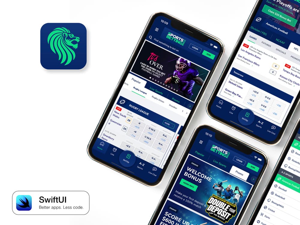 Sports betting app showing live odds, fixtures across leagues and a welcome bonus screen