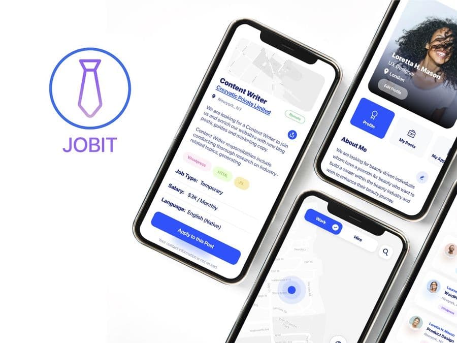 Jobit hiring app showing a job listing with salary and contract details, and a candidate profile