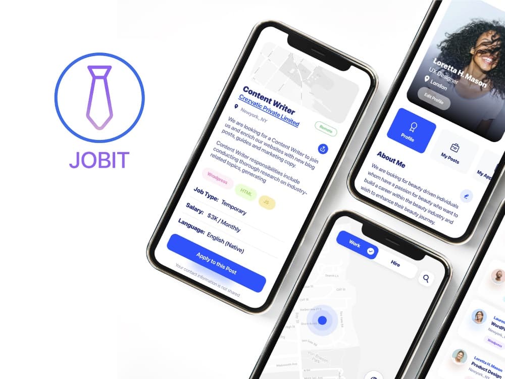 Jobit hiring app showing a job listing with salary and contract details, and a candidate profile