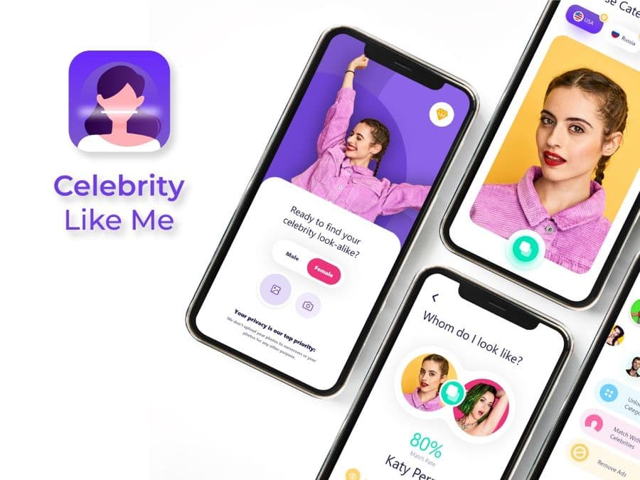 Celebrity Like Me app showing face matching results and comparison screens