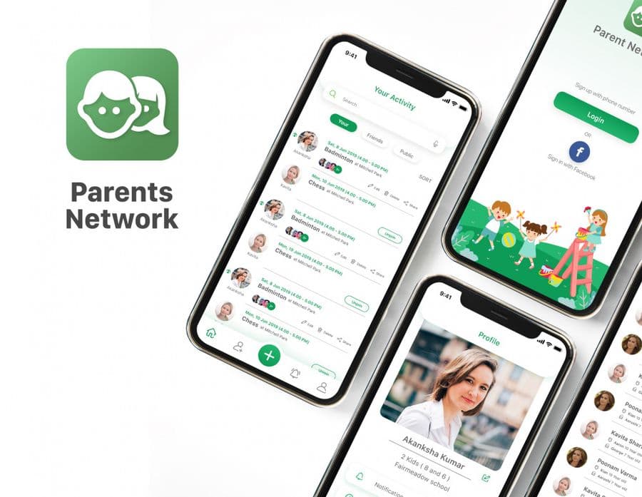 Parents Network app showing a community activity feed, groups and member profiles