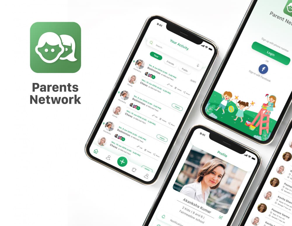 Parents Network app showing a community activity feed, groups and member profiles