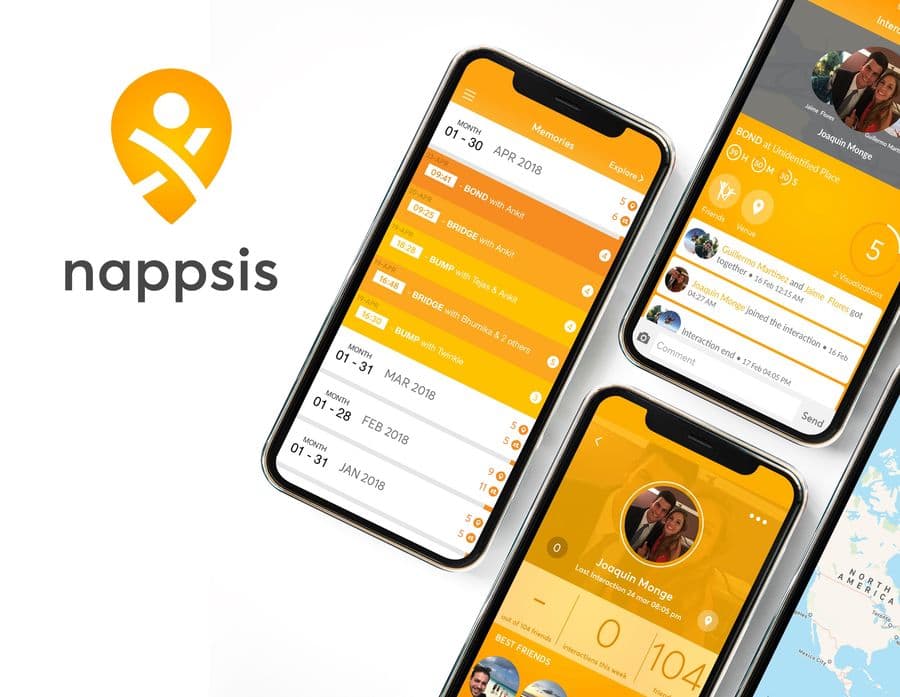 Nappsis app showing a date-organised shared timeline, group messages and member profiles
