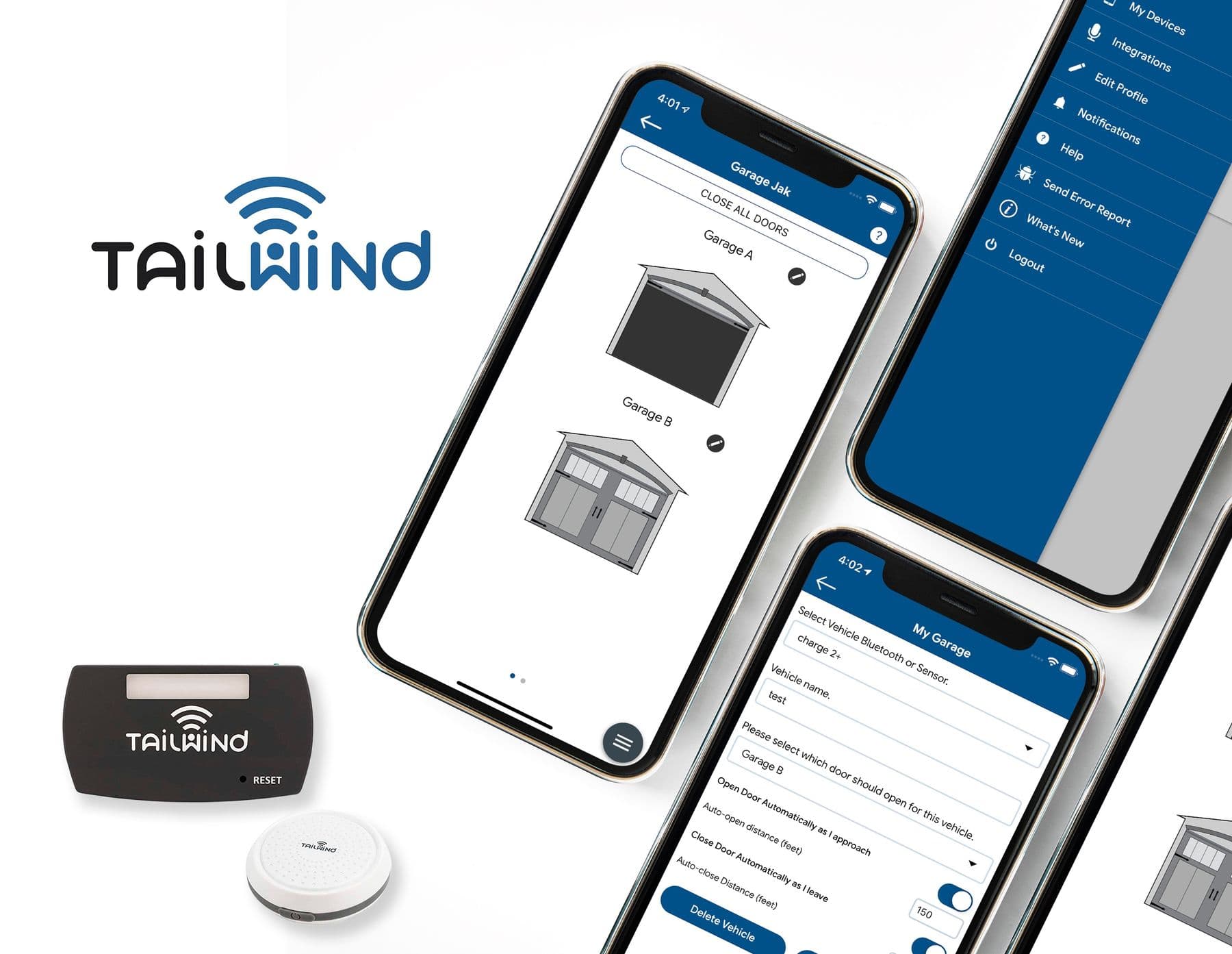 Tailwind smart garage controller app showing door status for two garages and device settings