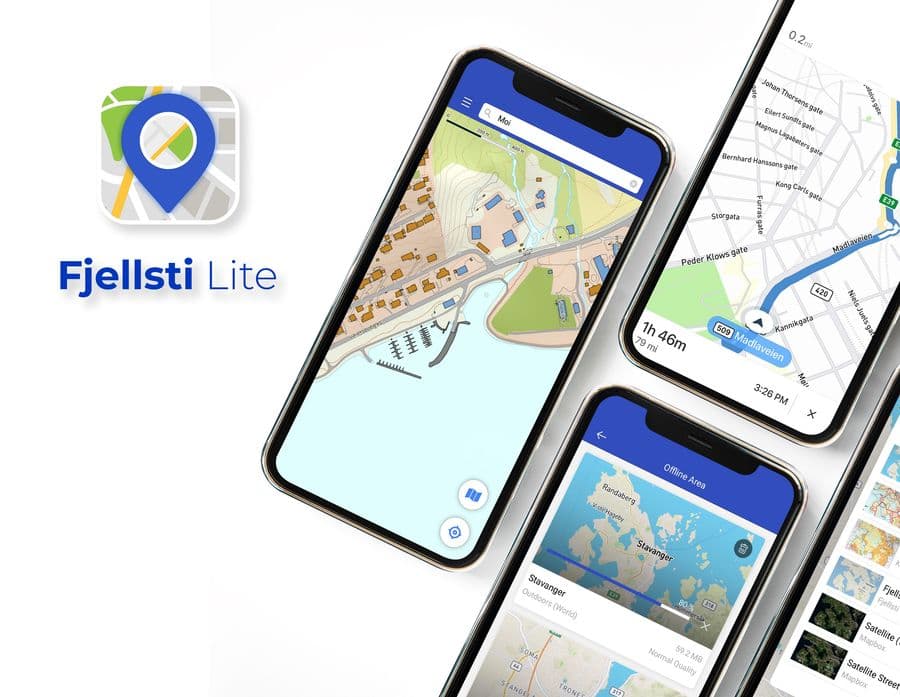 Fjellsti Lite navigation app showing a map, a plotted route and distance and time estimates
