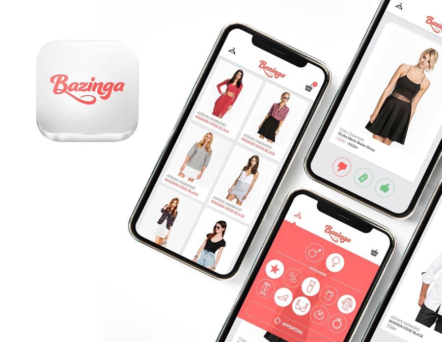 Bazinga fashion shopping app showing a product grid, item detail and swipe interface