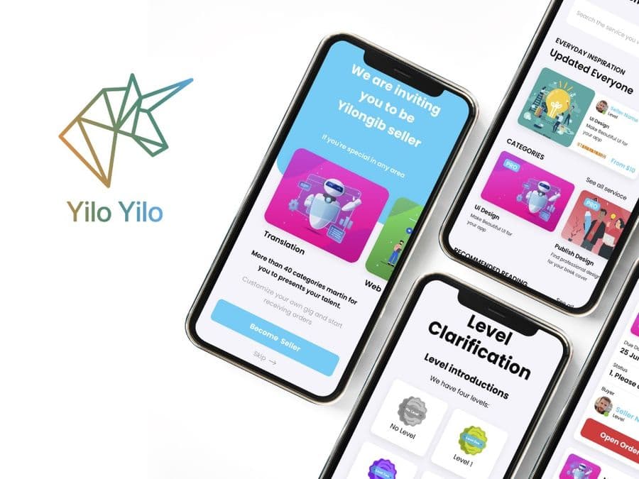 Yilo Yilo marketplace app showing seller onboarding, category browsing and seller level progression