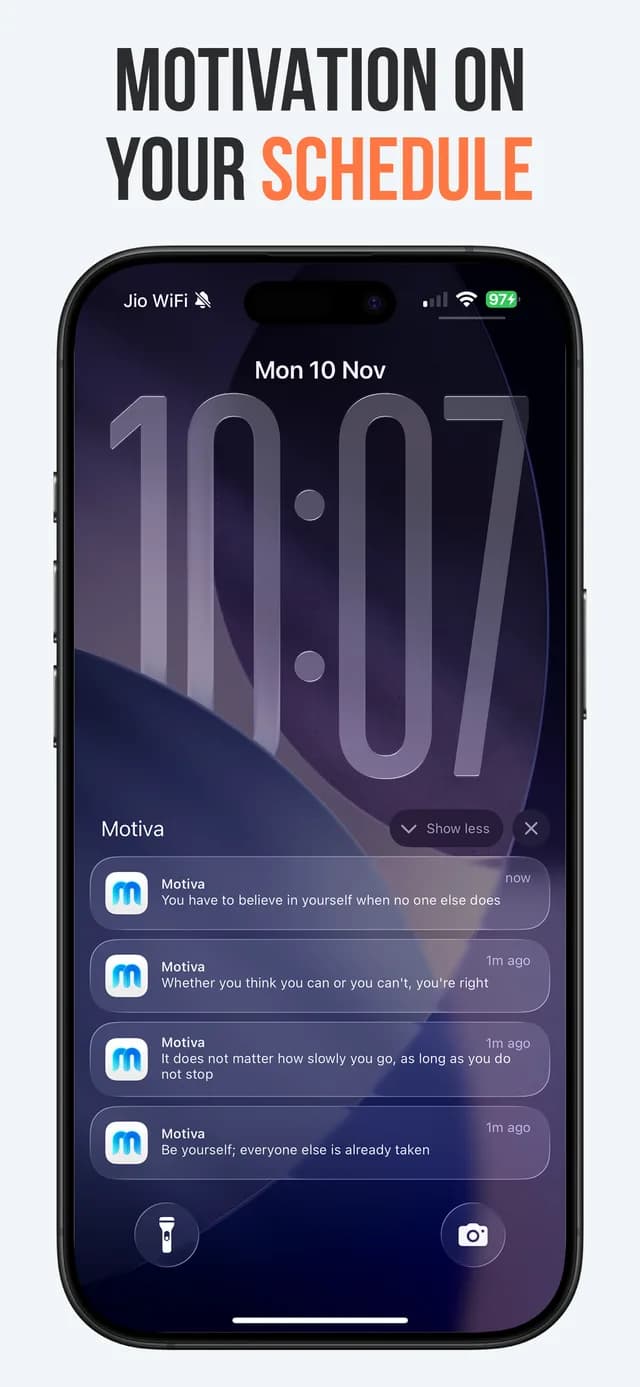 Four Motiva quote notifications stacked on an iPhone lock screen