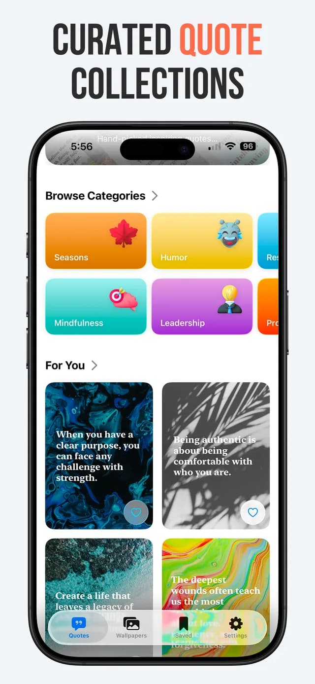 Motiva browsing quote categories including Mindfulness, Leadership and Humor, with a For You grid below