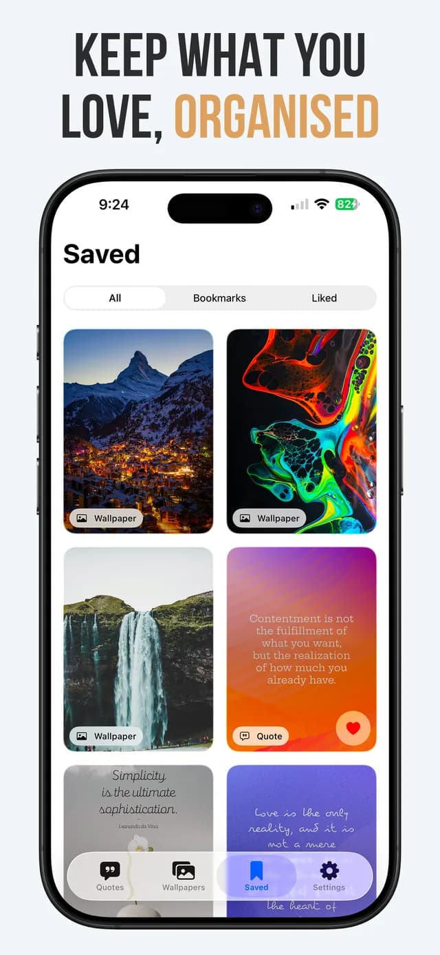 The Motiva Saved tab, filtered by All, Bookmarks and Liked, mixing saved wallpapers and quotes