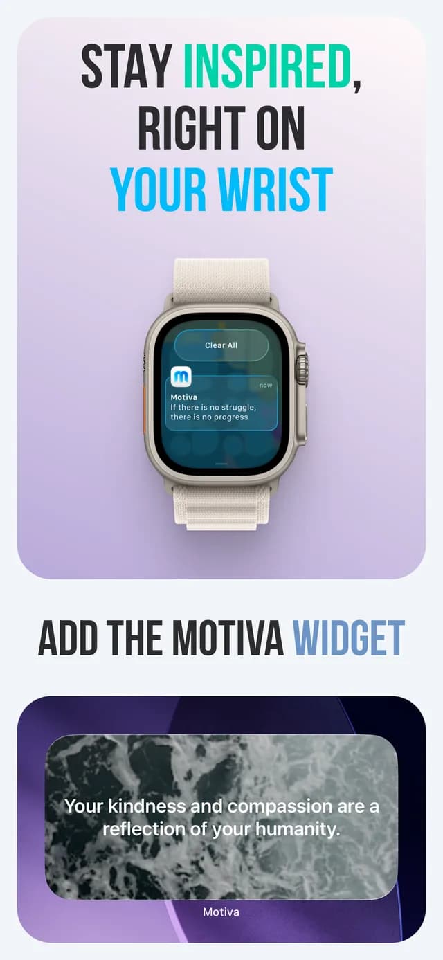 A Motiva quote notification on an Apple Watch above a Motiva home screen widget