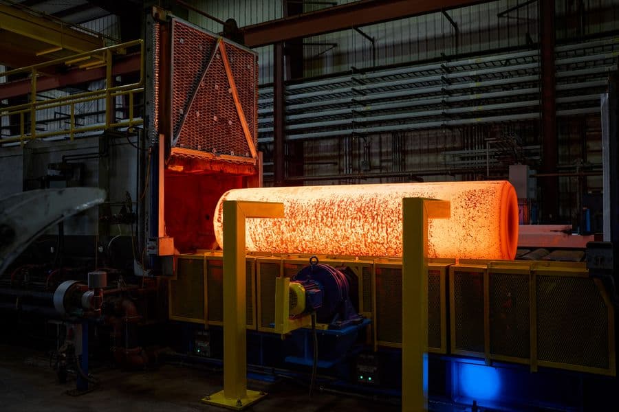 Hot titanium on the move at Perryman's foundry in Houston, Pennsylvania, where Apple says the metal is melted, forged and rolled before it reaches the iPhone Duo. Image: Apple Newsroom.