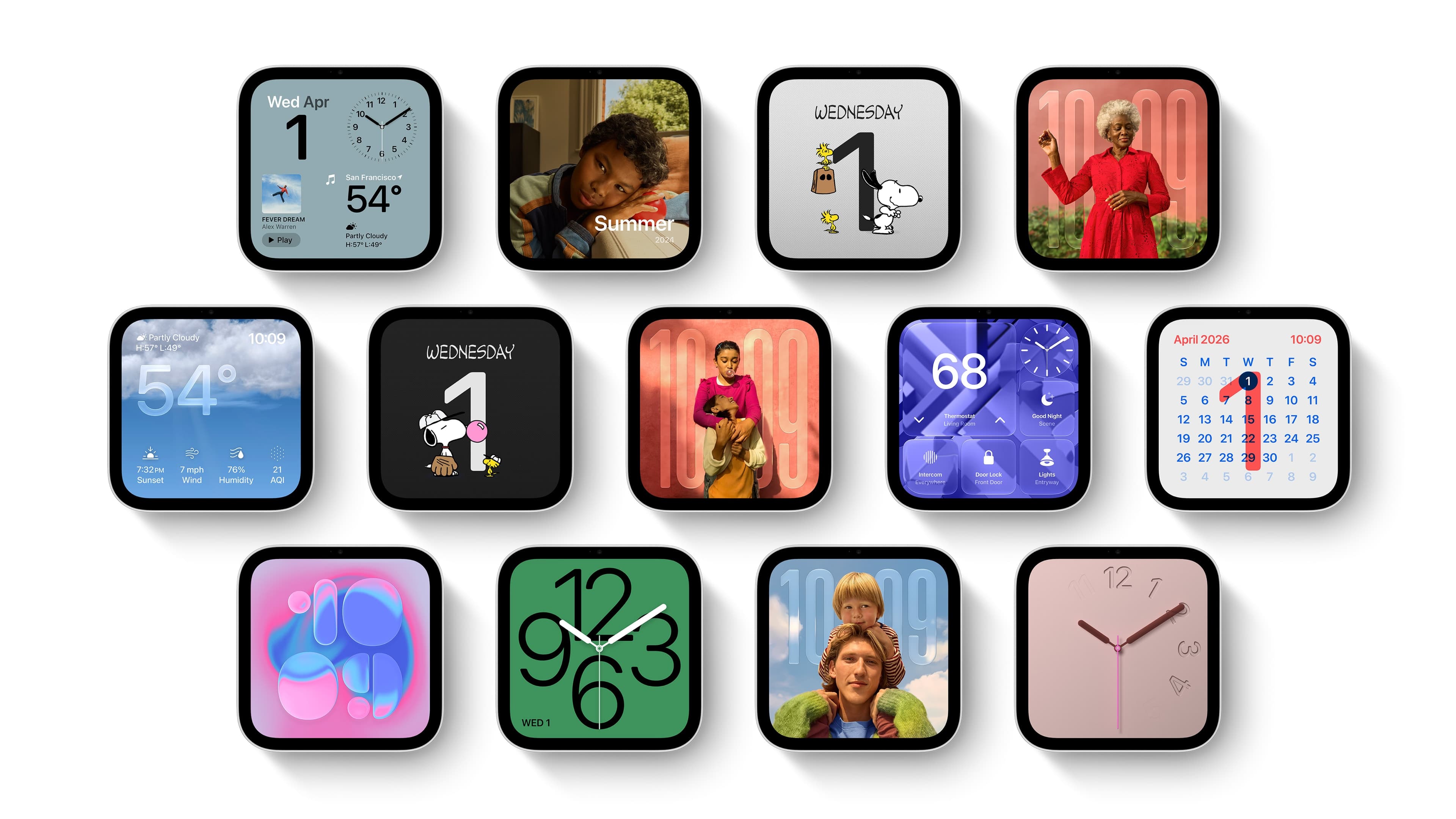 A selection of HomeView faces: clocks, weather, a calendar, Snoopy, portrait photos and the Flow artwork. Image: Apple Newsroom.
